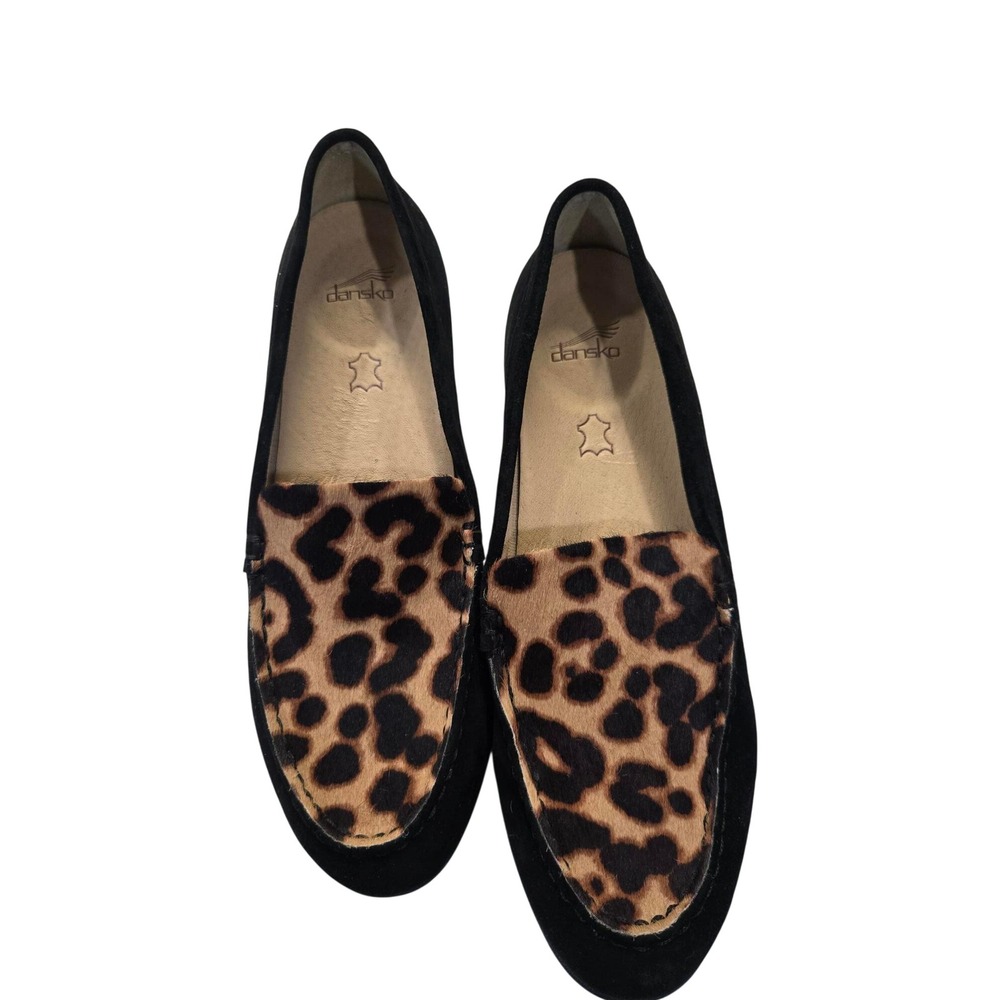Dansko Black Suede Leopard Calf Hair Loafers Moc Toe Slip On Shoes Womens 39